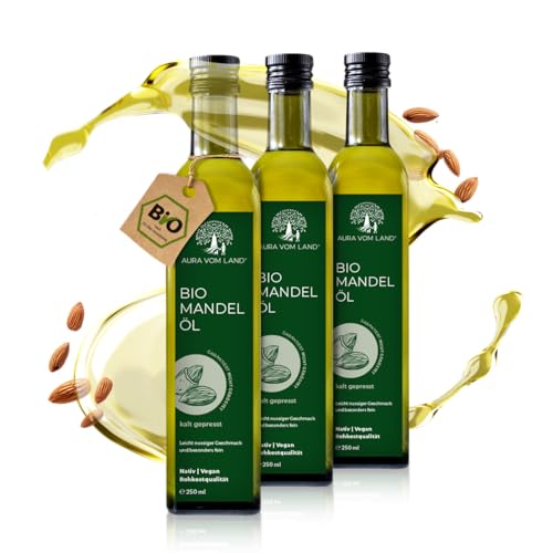 Aura vom Land Bio Premium Mandelöl Kaltgepresst – Natürliches Sweet Almond Oil – Ideal als Speiseöl, Kosmetik, Baby Öl, Haaröl & Massageöl – Süßmandelöl Hergestellt in Bayern (3x250ml) von AURA VOM LAND