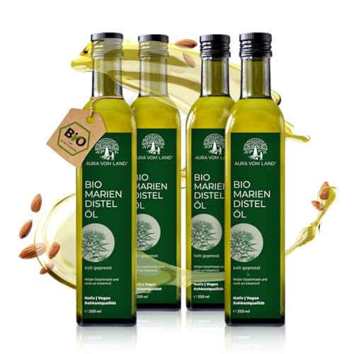 Aura vom Land Bio Premium Mandelöl Kaltgepresst – Natürliches Sweet Almond Oil – Ideal als Speiseöl, Kosmetik, Baby Öl, Haaröl & Massageöl – Süßmandelöl Hergestellt in Bayern (4x250ml) von AURA VOM LAND