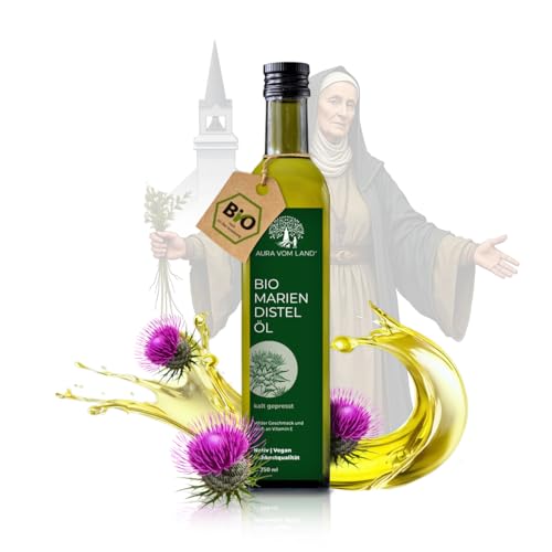 Aura vom Land Bio Premium Mariendistelöl 250ml kaltgepresst – Nach Hildegard von Bingen - Natürliches Distelöl & Reich an Vitamin E & Silymarin aus Mariendistel – Hergestellt in Bayern von AURA VOM LAND
