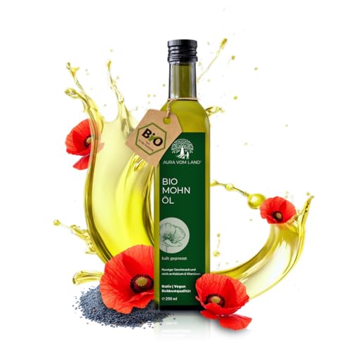 Aura vom Land Bio Premium Mohnöl Kaltgepresst 250ml – Natürliches Speiseöl Naturbelassen - Reich an Omega 3, 6 & 9 - Vitamin E aus Mohnsamen/Mohn – Bio Mohn Öl Hergestellt in Bayern Aura vom Land Bio Premium Mohnöl Kaltgepresst 250ml – Natürliches Speiseöl Naturbelassen - Reich an Omega 3, 6 & 9 - Vitamin E aus Mohnsamen/Mohn – Bio Mohn Öl Hergestellt in Bayern von AURA VOM LAND