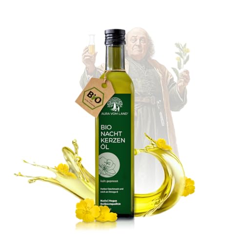 Aura vom Land Bio Premium Nachtkerzenöl Kaltgepresst 250ml - Natürliches Evening Primrose Oil Vegan - Reich an Gamma-Linolensäure & Vitamin E aus Nachtkerze hochdosiert – Hergestellt in Bayern von AURA VOM LAND