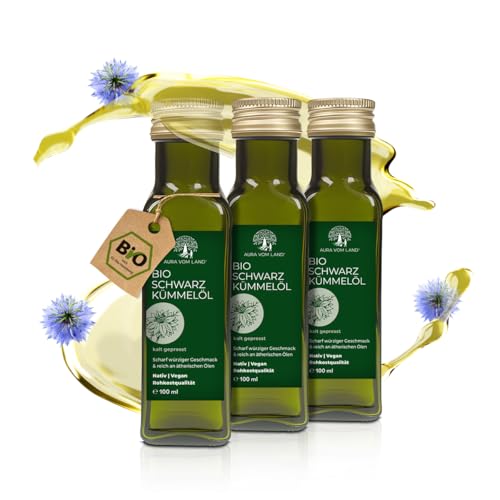 Aura vom Land Bio Premium Schwarzkümmelöl Kaltgepresst 3x100ml Set – Ungefiltert & Reich an Thymochinon – Hochwertiges Speiseöl auch als Haaröl/Körperöl – Bio Oil Black Seed Oil Made in Germany Aura vom Land Bio Premium Schwarzkümmelöl Kaltgepresst 3x100ml Set – Ungefiltert & Reich an Thymochinon – Hochwertiges Speiseöl auch als Haaröl/Körperöl – Bio Oil Black Seed Oil Made in Germany von AURA VOM LAND