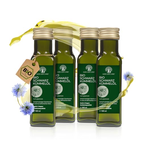 Aura vom Land Bio Premium Schwarzkümmelöl Kaltgepresst 4x100ml Set – Ungefiltert & Reich an Thymochinon – Hochwertiges Speiseöl auch als Haaröl/Körperöl – Bio Oil Black Seed Oil Made in Germany Aura vom Land Bio Premium Schwarzkümmelöl Kaltgepresst 4x100ml Set – Ungefiltert & Reich an Thymochinon – Hochwertiges Speiseöl auch als Haaröl/Körperöl – Bio Oil Black Seed Oil Made in Germany von AURA VOM LAND