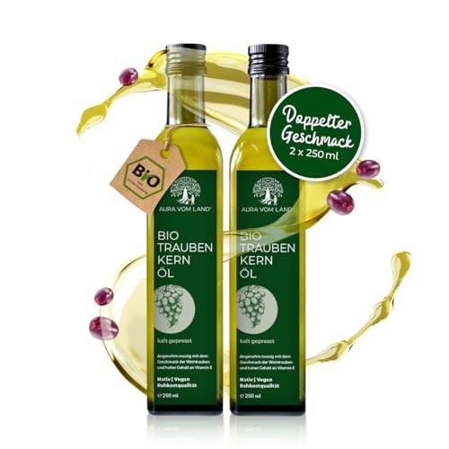 Aura vom Land Bio Premium Traubenkernöl Kaltgepresst 2x250ml Set – Vegan & Reich an Omega 6, Vitamin E – Hochwertiges Speiseöl auch als Haaröl/Körperöl – Bio Oil Grapeseed Oil Made in Germany Aura vom Land Bio Premium Traubenkernöl Kaltgepresst 2x250ml Set – Vegan & Reich an Omega 6, Vitamin E – Hochwertiges Speiseöl auch als Haaröl/Körperöl – Bio Oil Grapeseed Oil Made in Germany von AURA VOM LAND