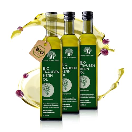Aura vom Land Bio Premium Traubenkernöl Kaltgepresst 3x250ml Set – Vegan & Reich an Omega 6, Vitamin E – Hochwertiges Speiseöl auch als Haaröl/Körperöl – Bio Oil Grapeseed Oil Made in Germany Aura vom Land Bio Premium Traubenkernöl Kaltgepresst 3x250ml Set – Vegan & Reich an Omega 6, Vitamin E – Hochwertiges Speiseöl auch als Haaröl/Körperöl – Bio Oil Grapeseed Oil Made in Germany von AURA VOM LAND