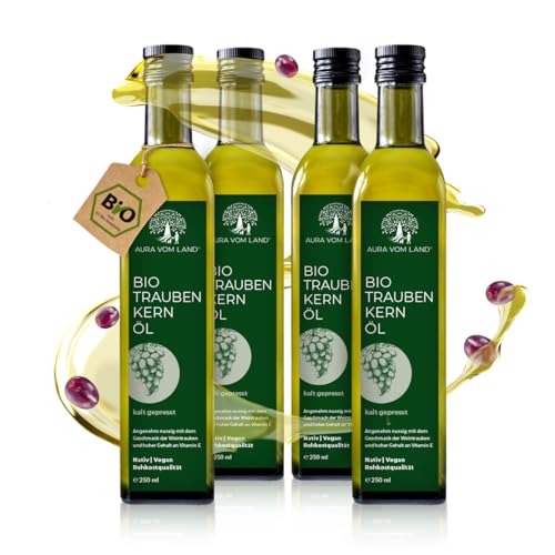 Aura vom Land Bio Premium Traubenkernöl Kaltgepresst 4x250ml Set – Vegan & Reich an Omega 6, Vitamin E – Hochwertiges Speiseöl auch als Haaröl/Körperöl – Bio Oil Grapeseed Oil Made in Germany Aura vom Land Bio Premium Traubenkernöl Kaltgepresst 4x250ml Set – Vegan & Reich an Omega 6, Vitamin E – Hochwertiges Speiseöl auch als Haaröl/Körperöl – Bio Oil Grapeseed Oil Made in Germany von AURA VOM LAND