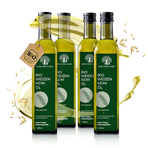 Aura vom Land Bio Premium Weizenkeimöl Naturbelassen 4x250ml Set – Vegan & Reich an Spermidin, Omega 3, Vitamin E – Hochwertiges Speiseöl auch ideal als Haaröl/Körperöl – Bio Oil Made in Germany Aura vom Land Bio Premium Weizenkeimöl Naturbelassen 4x250ml Set – Vegan & Reich an Spermidin, Omega 3, Vitamin E – Hochwertiges Speiseöl auch ideal als Haaröl/Körperöl – Bio Oil Made in Germany von AURA VOM LAND