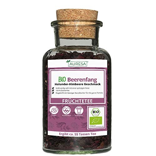 AURESA Bio Beerenfang Tee im Glas | Beeriger Früchtetee - 120g | Wiederverwendbare Glasflasche mit Korkverschluss von AURESA