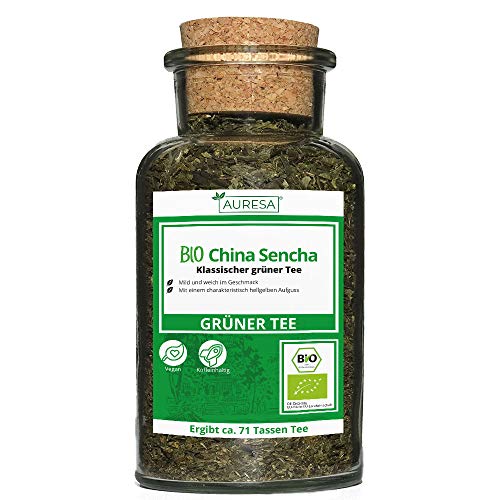 AURESA Bio China Sencha Tee im Glas | Klassischer Grüntee - 100g | Wiederverwendbare Glasflasche mit Korkverschluss von AURESA