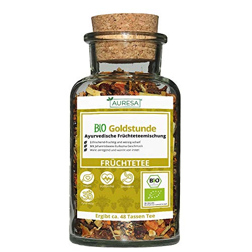 AURESA Bio Goldstunde Tee im Glas | Würziger Früchtetee - 100g | Wiederverwendbare Glasflasche mit Korkverschluss von AURESA