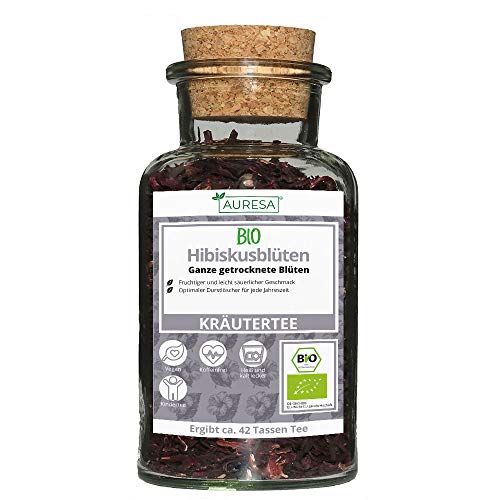 AURESA Bio Hibiskusblüten Tee im Glas | Getrocknete Blüten - 80g | Wiederverwendbare Glasflasche mit Korkverschluss von AURESA