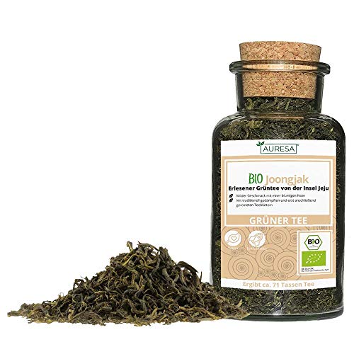AURESA Bio Joongjak 100g Grüntee lose im Glas | Traditionell gedämpfter und gerösteter grüner Tee | Wiederverwendbar von AURESA