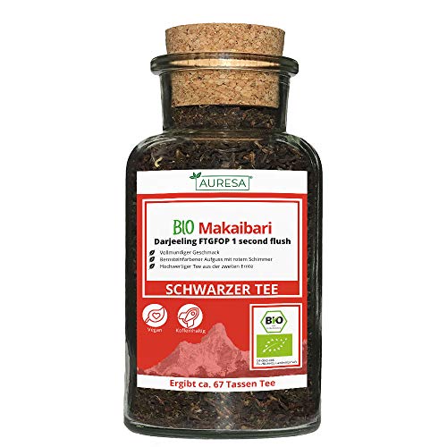 AURESA Bio Makaibari Tee im Glas | Schwarztee Darjeeling - 100g | Wiederverwendbare Glasflasche mit Korkverschluss von AURESA