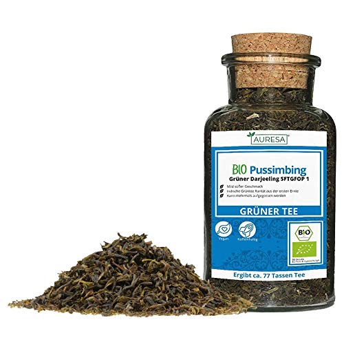 AURESA Bio Pussimbing 100g | Grüner Tee aus dem indischen Darjeeling | Loser Tee im wiederverwendbaren Glas von AURESA