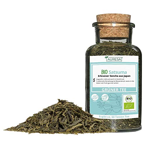AURESA Bio Satsuma loser Tee | 120g Grüntee im wiederverwendbaren Glas mit Korkverschluss | Milder Grüner Tee Sencha von AURESA