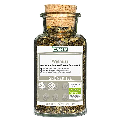 AURESA Grüner Tee Walnuss im Glas | Grüntee Sencha - 100g | Wiederverwendbare Glasflasche mit Korkverschluss von AURESA