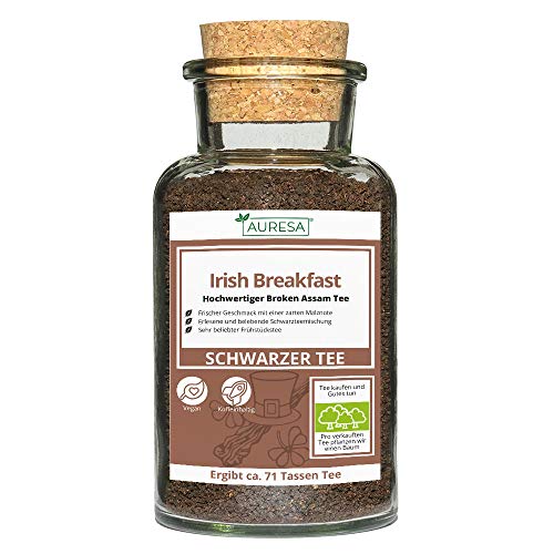 AURESA Schwarztee Irish Breakfast im Glas | Lose Tee Mischung - 100g | Wiederverwendbare Glasflasche mit Korkverschluss von AURESA
