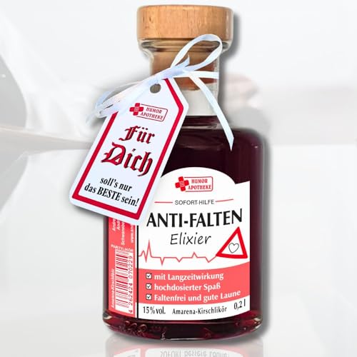 0,2L Apothekerflasche – Anti Falten, Elixier - 15% vol. Amarena Kirsch Likör aus der Humorapotheke | Humor Apotheke Spaßmedizin Scherzartikel Humormedizin von AV Andrea Verlag