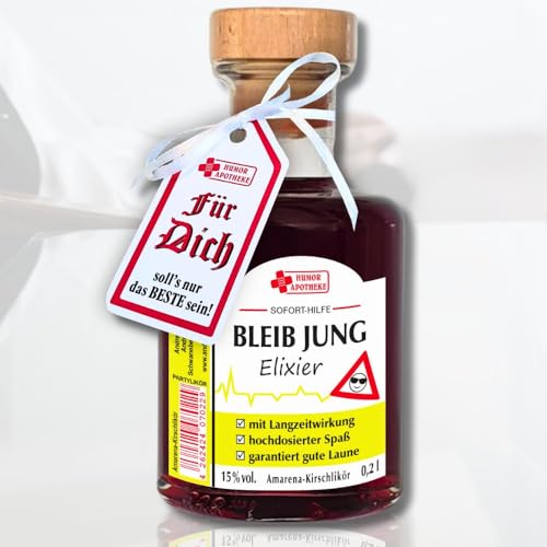 0,2L Apothekerflasche – Bleib Jung, Elixier - 15% vol. Amarena Kirsch Likör aus der Humorapotheke | Humor Apotheke Spaßmedizin Scherzartikel Humormedizin von AV Andrea Verlag