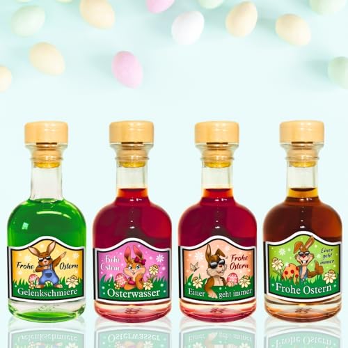4er Set Mini Apotheker Osterliköre Osterüberraschung | Kleinigkeit zu Ostern | Pfefferminz Amarena Kirsch Likör Kräuterlikör als Geschenk | Scherzartikel Spaß Humorapotheke von AV Andrea Verlag