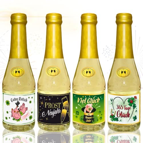 4x Piccolo 0,2l Geschenk zu Silvester Sekt 2024 Silvestergeschenk zum Jahreswechsel: happy new year | Viel Glück | Guten Rutsch | Prost Neujahr, Sekt Secco Beerenperlwein halbtrocken 8% vol. von AV Andrea Verlag