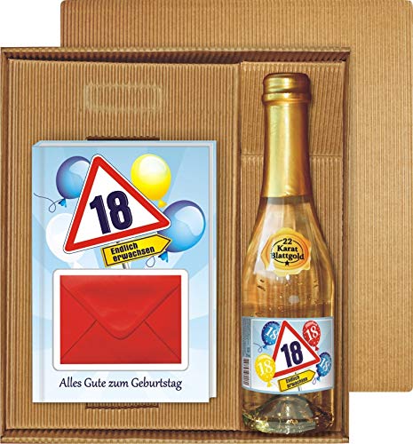 Geldgeschenk Buch Alles Gute zum 18. Geburtstag im Geschenke Set mit Piccolo Sekt 22 Karat Blattgold Goldflocken Gold 0,2 l, 10% vol. mit Hochglanzetikett für Frauen Happy Birthday Geld Umschlag von AV Andrea Verlag