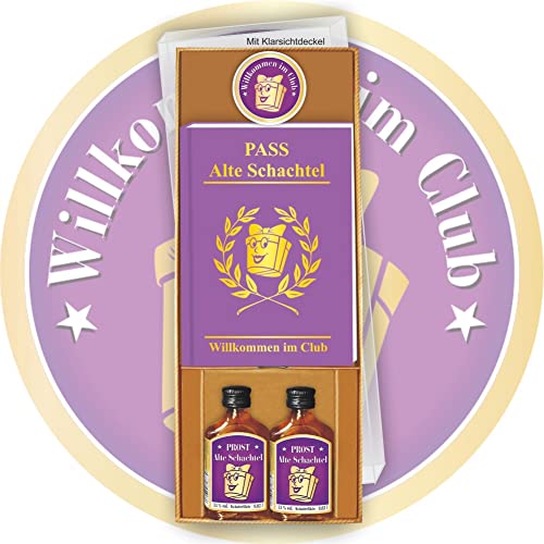 Geschenke Box - Pass Alte Schachtel mit Kräuterlikör und Ansteckbutton Willkommen im Club - Clubausweis der Alten Schachteln im Geschenke Set zum Geburtstag für Oma Geburtstagsgeschenk Rentner Geschenke Box - Pass Alte Schachtel mit Kräuterlikör und Ansteckbutton Willkommen im Club - Clubausweis der Alten Schachteln im Geschenke Set zum Geburtstag für Oma Geburtstagsgeschenk Rentner von AV Andrea Verlag