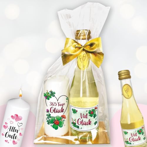 Geschenkset - Piccolo Beerenperlwein "Viel Glück" & Kerze "365 Tage Glück" - kreatives Geschenk für Frauen, zum Silvester - Sekt & hochwertige Stumpenkerze, Kleinigkeit zum Genießen von AV Andrea Verlag