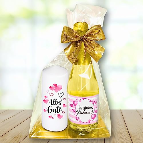 Hochwertiges Geschenkset - Piccolo Beerenperlwein Herzlichen Glückwunsch mit Kerze "Alles Gute" - Secco Sekt mit Stumpenkerze als Geschenk für Frauen zum Geburtstag von AV Andrea Verlag