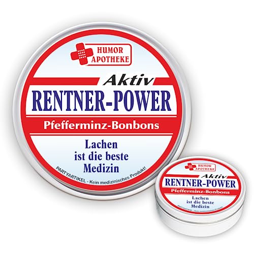 Pfefferminz Bonbon Metalldose - Rentner Power, lachen ist die beste Medizin - Ruhestand Rente Soforthilfe | Humorapotheke Spaßmedizin Humormedizin | Pfefferminzdragees | Dose Blechdose Pillendose von AV Andrea Verlag