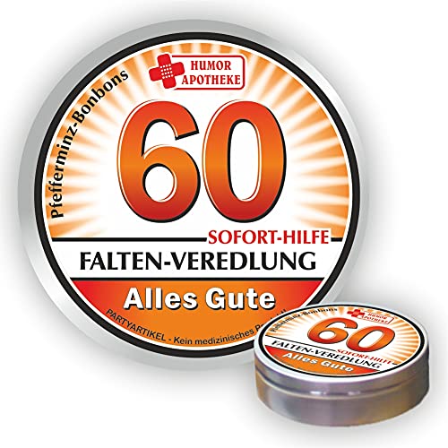 Pfefferminz Bonbon Metalldose - Zum 60. Geburtstag, Falten Veredlung Alles Gute - Soforthilfe | Humorapotheke Spaßmedizin Humormedizin | Pfefferminzdragees | Dose Blechdose Pillendose von AV Andrea Verlag