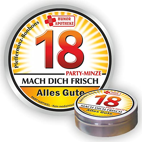 Pfefferminz Bonbon Metalldose - Zum 18. Geburtstag, mach dich frisch Alles Gute - Soforthilfe | Humorapotheke Spaßmedizin Humormedizin | Pfefferminzdragees | Dose Blechdose Pillendose Pfefferminz Bonbon Metalldose - Zum 18. Geburtstag, mach dich frisch Alles Gute - Soforthilfe | Humorapotheke Spaßmedizin Humormedizin | Pfefferminzdragees | Dose Blechdose Pillendose von AV Andrea Verlag