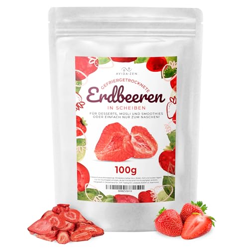 Erdbeeren gefriergetrocknet in Scheiben, 100g gefriergetrocknete Früchte, 100% natürliche, ungezuckerte fruchtige Erdbeerchips, getrocknete Erdbeeren ohne Zusatzstoffe von AVIDA · ZEN