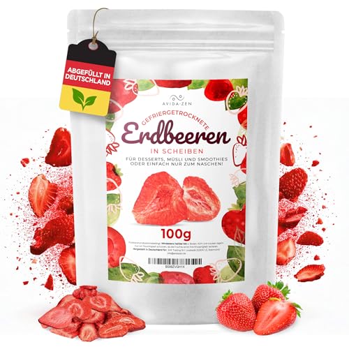 Erdbeeren gefriergetrocknet in Scheiben, 100g gefriergetrocknete Früchte, 100% natürliche, ungezuckerte fruchtige Erdbeerchips, getrocknete Erdbeeren ohne Zusatzstoffe von AVIDA · ZEN