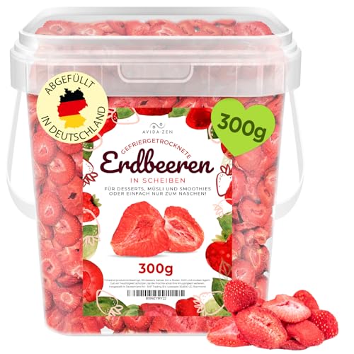 Erdbeeren gefriergetrocknet in Scheiben, 300g gefriergetrocknete Früchte, 100% natürliche, ungezuckerte fruchtige Erdbeerchips, getrocknete Erdbeeren ohne Zusatzstoffe von AVIDA · ZEN