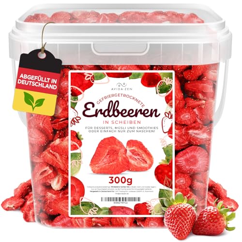 Erdbeeren gefriergetrocknet in Scheiben, 300g gefriergetrocknete Früchte, 100% natürliche, ungezuckerte fruchtige Erdbeerchips, getrocknete Erdbeeren ohne Zusatzstoffe von AVIDA · ZEN