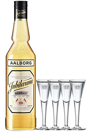 Aalborg Jubiläums Akvavit braun 0,7 Liter + 4 Gläser mit Eichstrich 2 cl von Aalborg Jubiläums Akvavit braun 0,7 Liter + 4 Gläser mit Eichstrich 2 cl