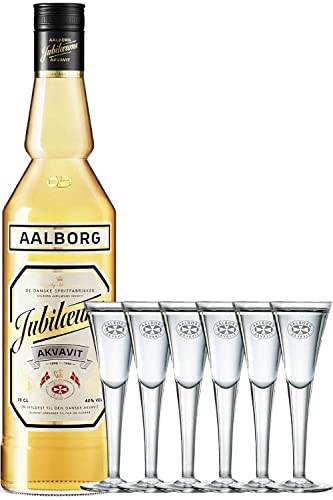 Aalborg Jubiläums Akvavit braun 1,0 Liter + 6er Set Gläser mit Eichstrich 2 cl Aalborg Jubiläums Akvavit braun 1,0 Liter + 6er Set Gläser mit Eichstrich 2 cl von Aalborg Jubiläums Akvavit braun 1,0 Liter + 6er Set Gläser mit Eichstrich 2 cl