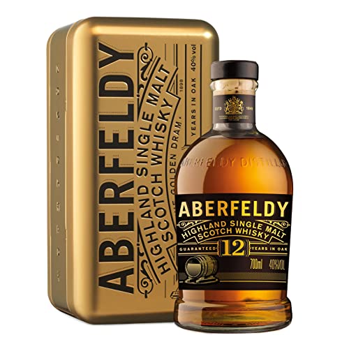 Aberfeldy 12 Jahre alter Highland Scotch Single Malt Whisky in goldener Geschenkdose, im Eichenfass gereift, Noten von Honig, Früchten, Gewürzen, Vanille & ein Hauch Rauch, 40% Vol., 70 cl/700 ml von Aberfeldy