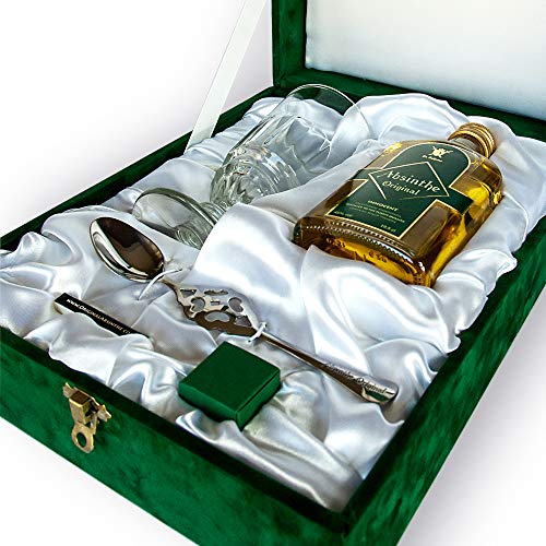 Luxuriöse Geschenkdose mit echtem Absinth, Absinth-Glas, Absinth-Löffel, Streichhölzern und Zucker – Außergewöhnliches Weihnachts- oder Geburtstagsgeschenk von Absinthe Original