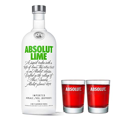 Absolut Vodka Lime Set mit 2 Shot Gläsern, Wodka mit Limettengeschmack, Schnaps, Spirituose, Alkohol, Flasche, 40%, 1 L von Absolut Vodka