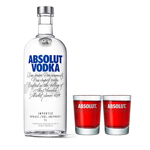 Absolut Vodka Original Set mit 2 Shot Gläsern, Premium Wodka, Schnaps, Spirituose, Alkohol, Flasche, 40%, 1 L von Absolut Vodka