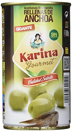Aceitunas Karina Grüne Manzanilla-Oliven gefüllt mit Anchoa-Paste, Dose, 12er Pack (12 x 150 g) von Aceitunas Karina