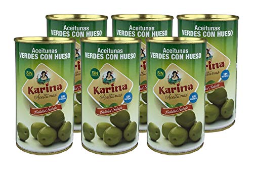 Karina Grüne Manzanilla-Oliven mit Stein, Dose, 6er Pack (6 x 185 g) Abtropfgewicht von Aceitunas Karina