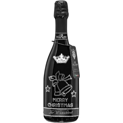 Geschenk Weihnachten personalisiert Prosecco Flasche 0,75 l mit Strass verziert Motiv: MERRY CHRISTMAS Glocken von ACURUNA