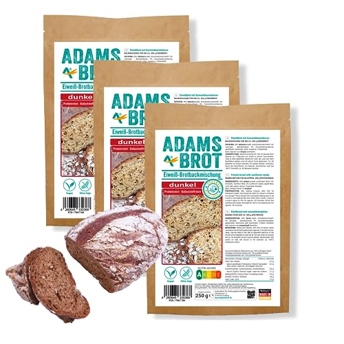AdamsBrot vegane Brotbackmischung dunkles Eiweissbrot zum selber Backen mit Sonnenblumeneiweiß | 40% Proteingehalt | für ein 400g Eiweißbrot | Lebensmittel für Lower Carb, Keto, 3x250g von AdamsBrot