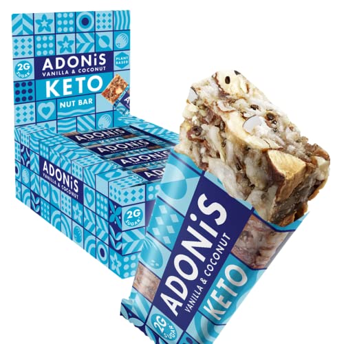 Adonis Keto Riegel Vanille- & Kokosnuss | 16x 35g | Keto Snacks | Vegan & 100% natürlich | Low Carb Bar und Low Sugar Snack | Perfect Keto-Diät Bars | Glutenfrei, ohne Zuckerzusatz von Adonis