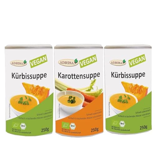 3 Vegane Bio* Suppen á 250g - 1 x Karottensuppe und 2 x Kürbissuppe von Adrisan