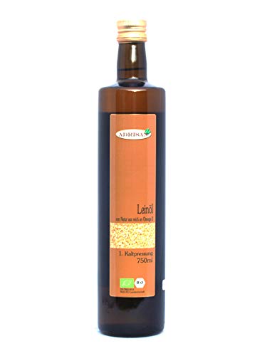 Bio-Leinöl frisch mild 2x 750ml in Braunglasflasche, Omega-Safe-Verfahren natives Speiseöl aus 1. Kaltpressung von Adrisan