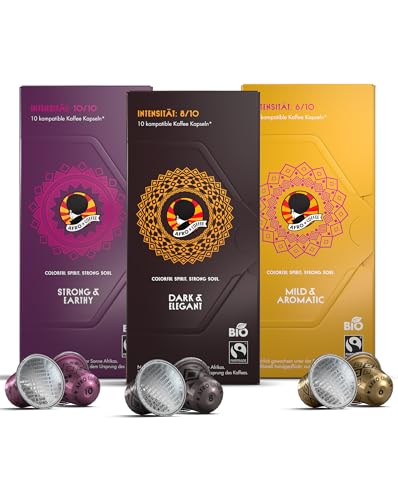 AFRO COFFEE 30 Kaffeekapsel Probierset 3 Sorten I Premium Kaffee Kapseln Bio Fairtrade I Arabica und Robusta Kapseln I in kompatiblen Kaffeekapseln* I Ostafrika Kaffee I handgepflückt & säurearm von Afro Coffee